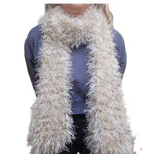 Handmade Knitted Furry Scarf, White and Beige